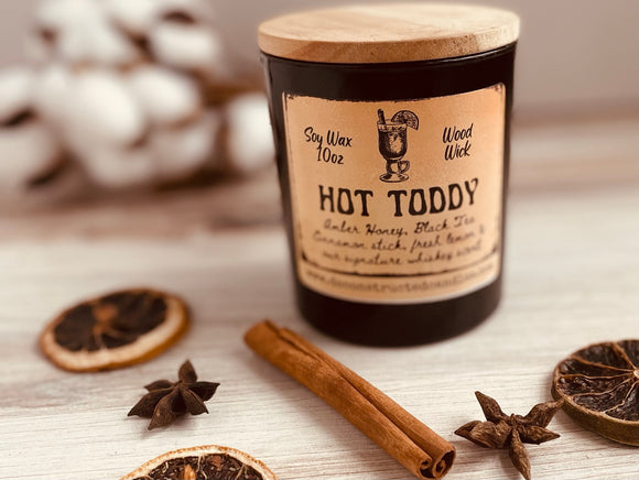 10oz SOY Candle - Hot Toddy Scent - Wood Wick - Black Matte Glass Container with wood lid