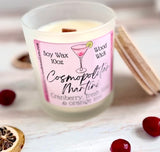10oz SOY Candle - Cosmopolitan Martini Scent - Wood Wick - clear frosted glass with wood lid