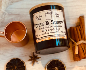 10oz SOY Candle - Dark & Stormy Scent - Wood Wick - Black Matte Glass Container with wood lid